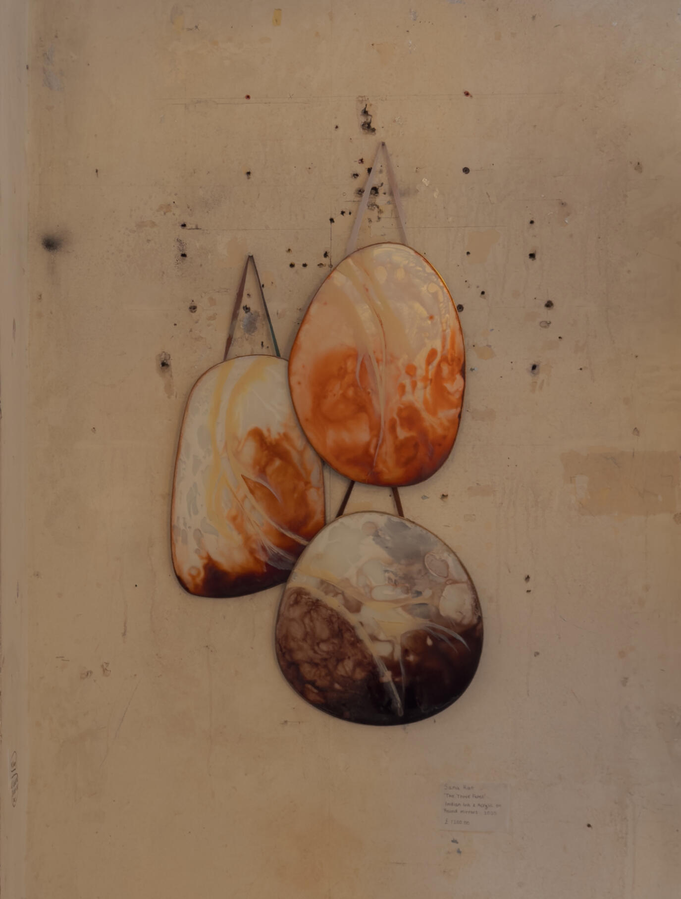 The Three Fates, Dimensions variable, Indian ink and acrylic on found mirrors