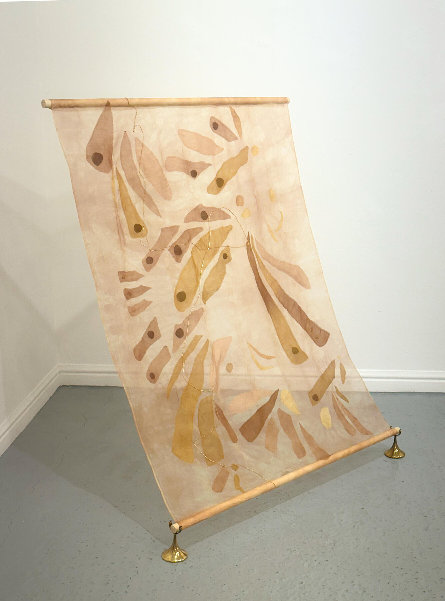 The Endeavour, 105cm x 130cm, Eucalyptus and avocado dye, eucalyptus leaves, zardozi embroidery and Gota Patti on silk organza, antique ship oil-lamp holders.